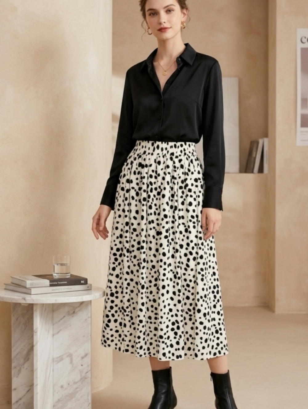 Dalmatian Polka Dot Pleated Midi Skirt – Size XS – Bohemian Style:  Summer.
